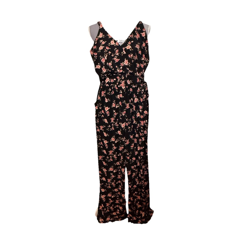 Kaileigh Wide Leg Jumpsuit Black Floral Belt Pockets Comfortable Sz LG Cottage